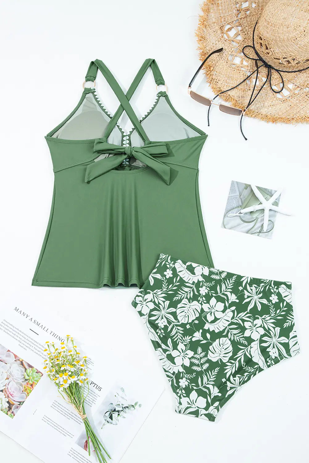 O-ring Knot Back Straps Ricrac Trim V Neck Tankini Contrast Printed Swim Short 2pcs Set – Four Leaf Clover