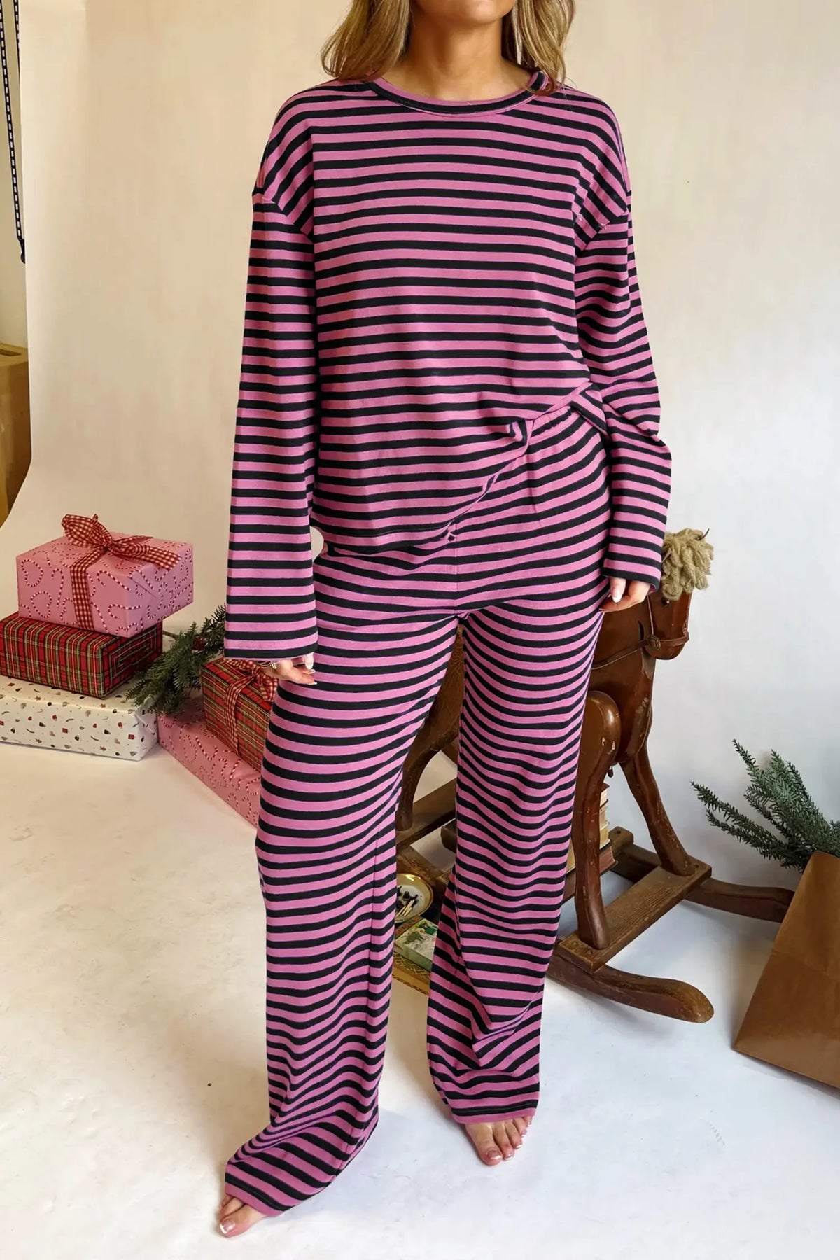 Casual Long Sleeve Top Drawstring Pant Set – Pink Stripe