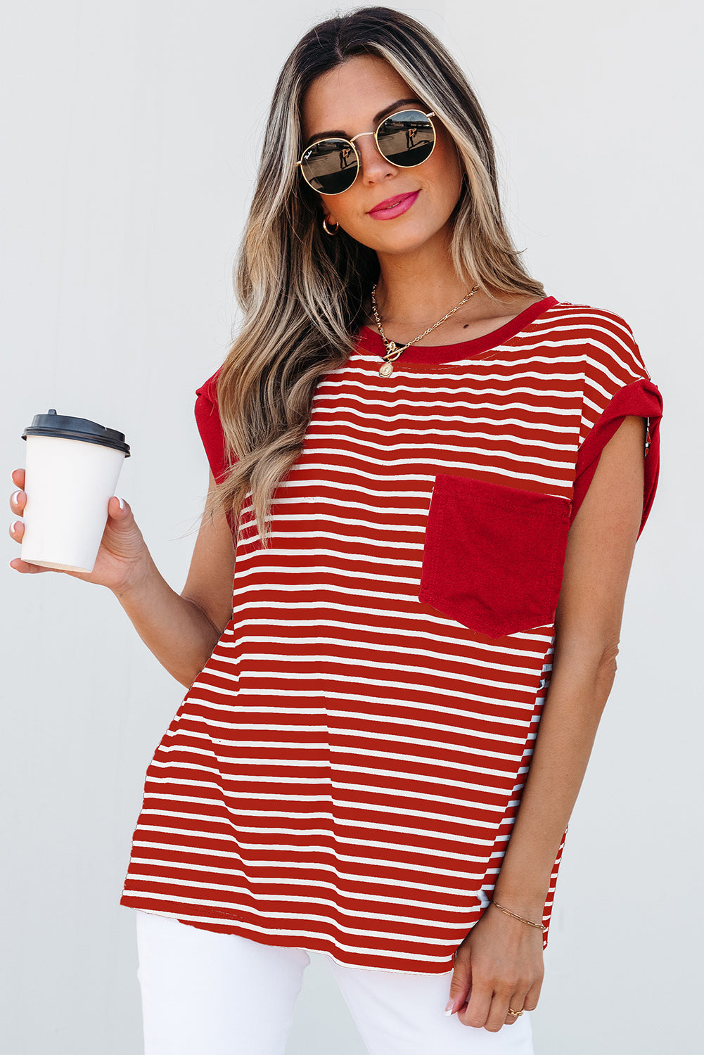 Red Stripe Chest Pocket Patch Round Neck Tank Top eAura