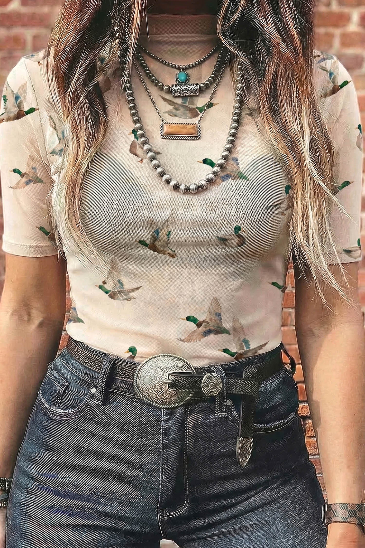 Beige Mallard Print Sheer Mesh Short Sleeve Top