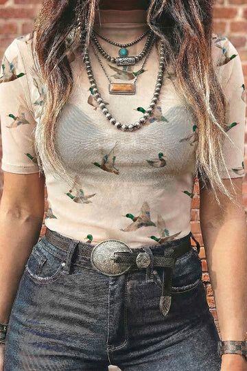 Beige Mallard Print Sheer Mesh Short Sleeve Top