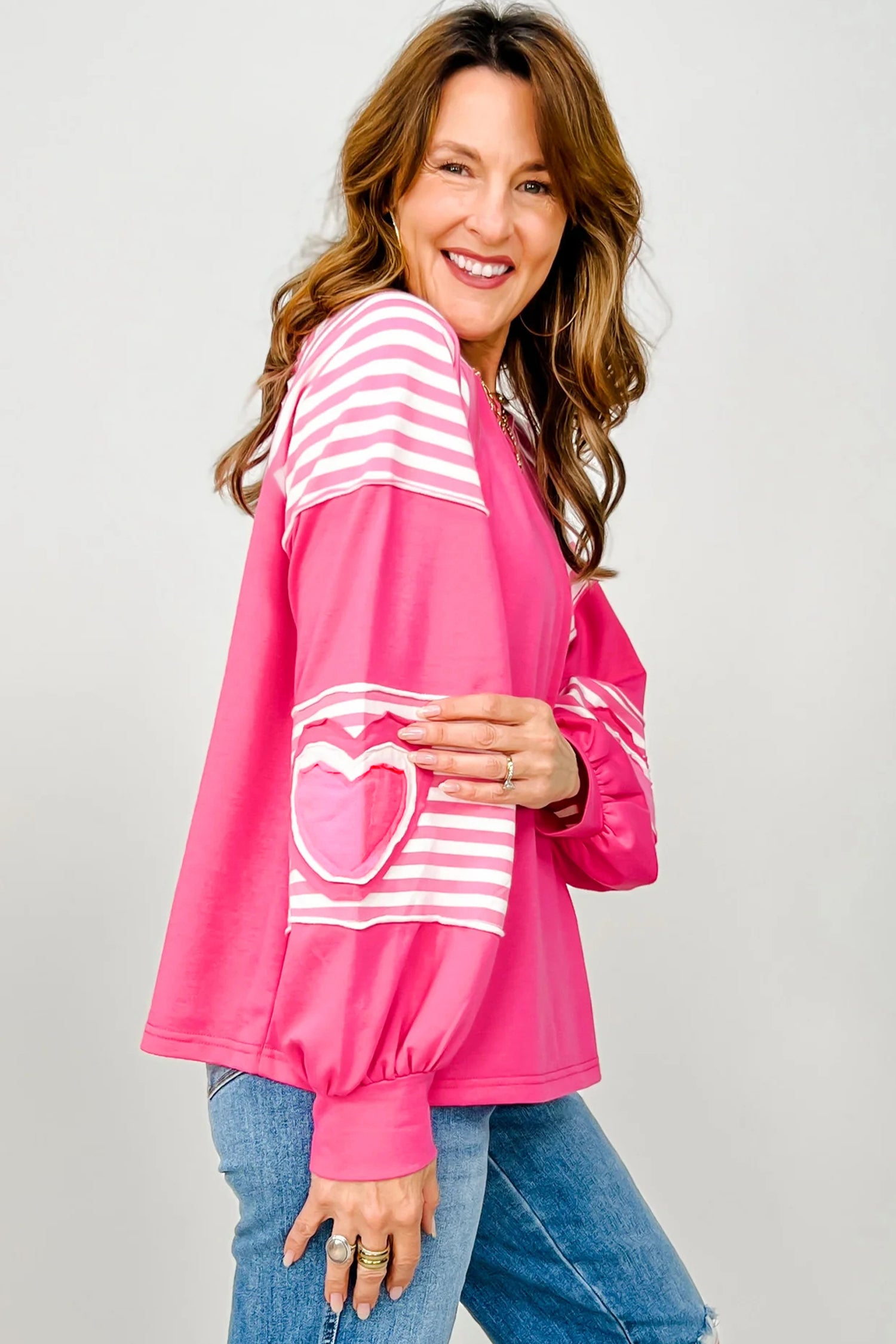 Pink Heart Shape Striped Patchwork Long Sleeve Loose Top - Tops/Long Tops