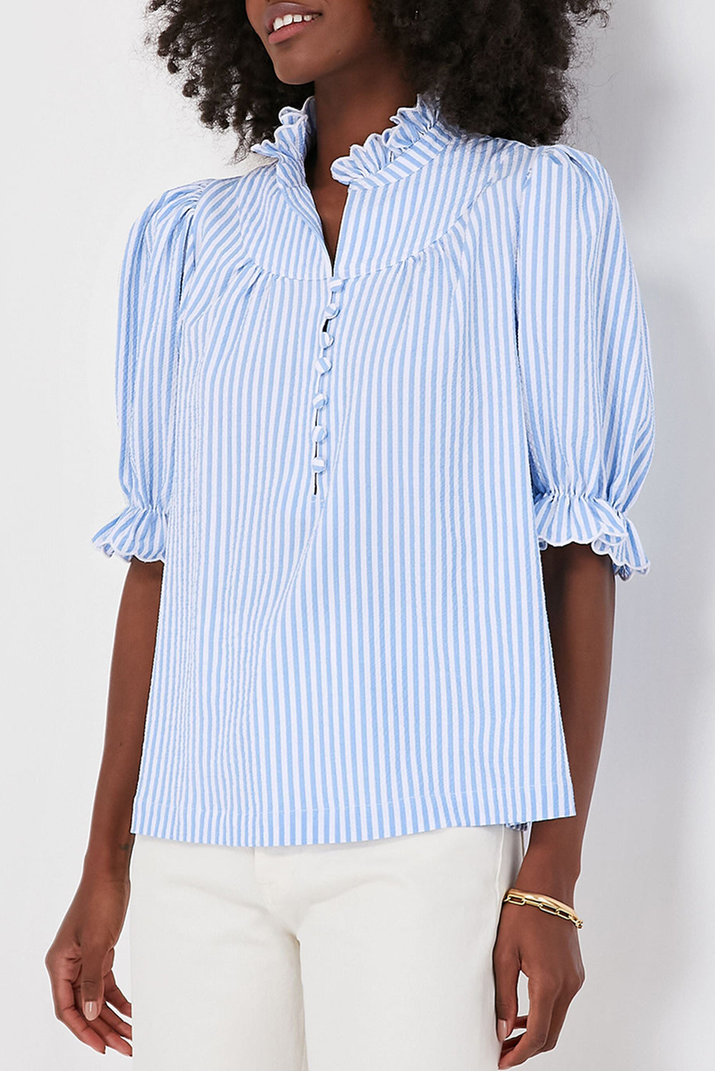 Blue Stripe Ruffled Collar Puff Sleeve Half Buttons Blouse eAura