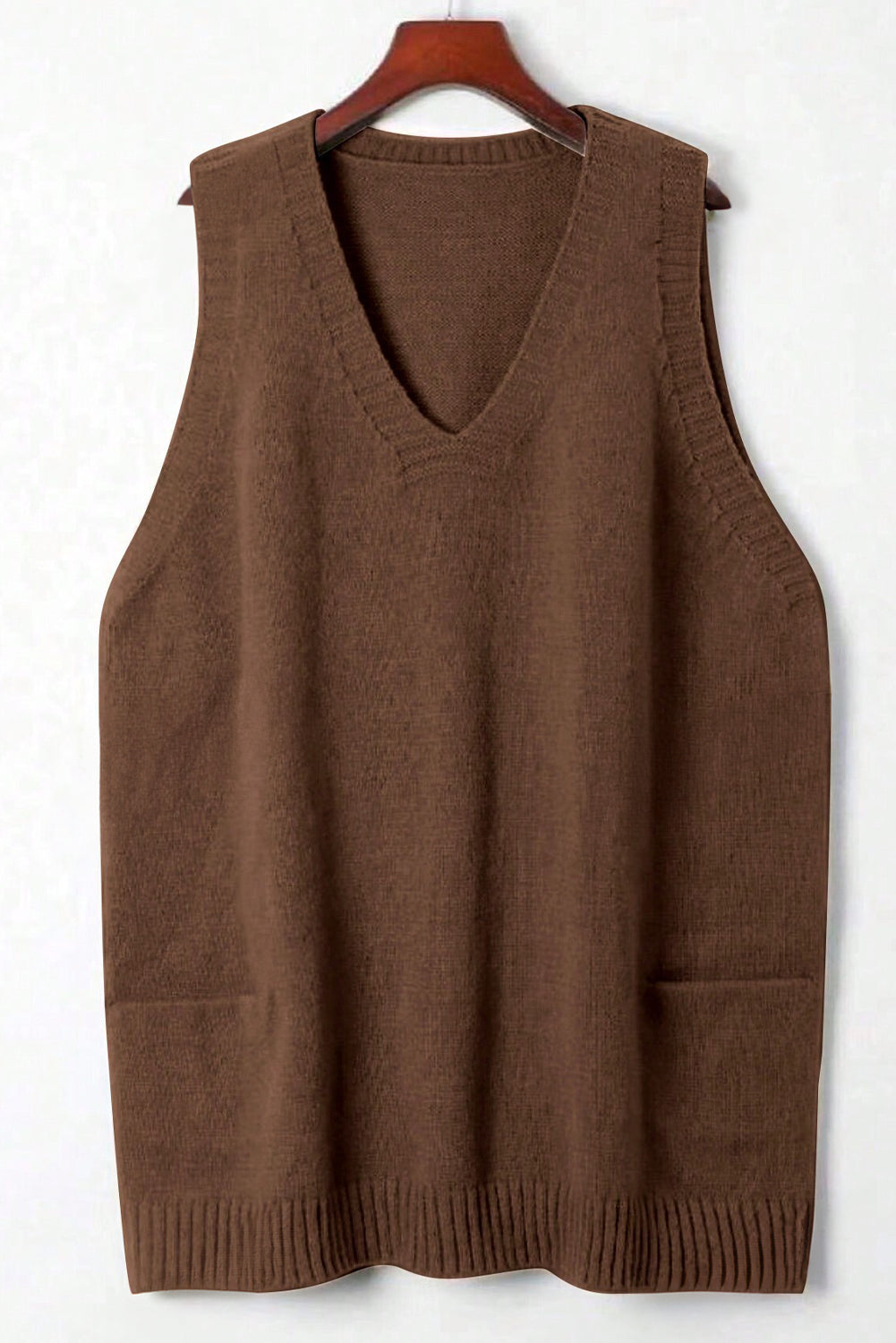 Rib Knit Deep V-Neckline Front Pocketed Baggy Tunic Sweater Vest - eAura