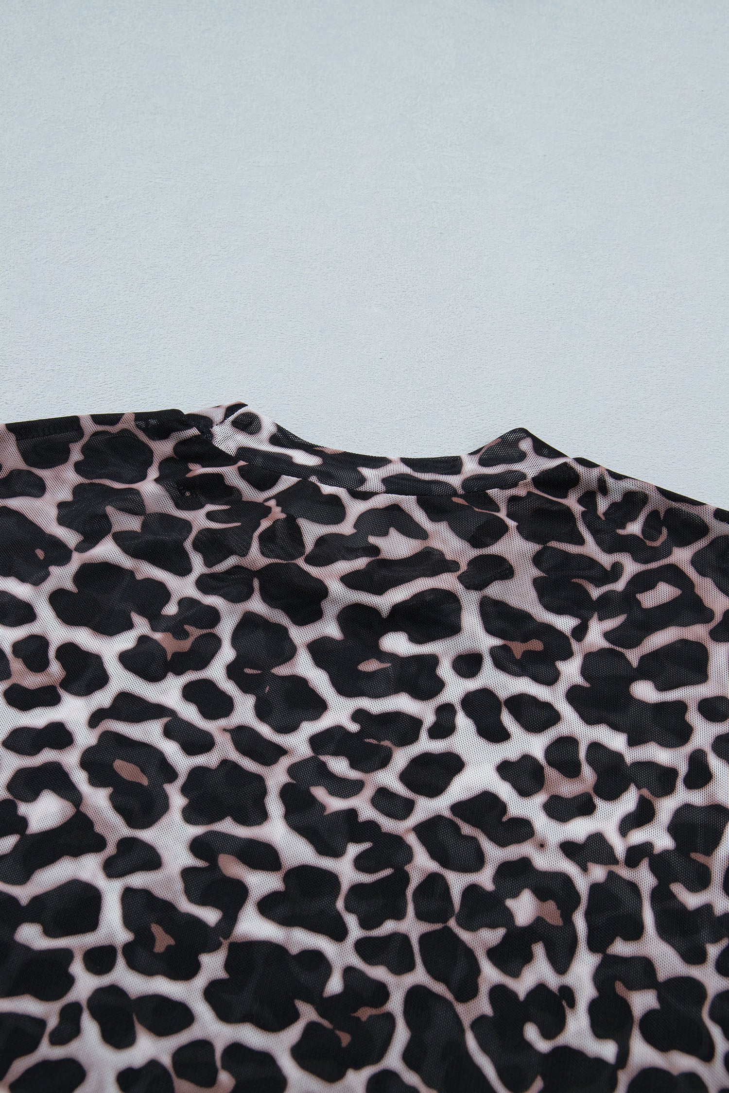 Khaki Leopard Print Sheer Mesh Short Sleeve Top