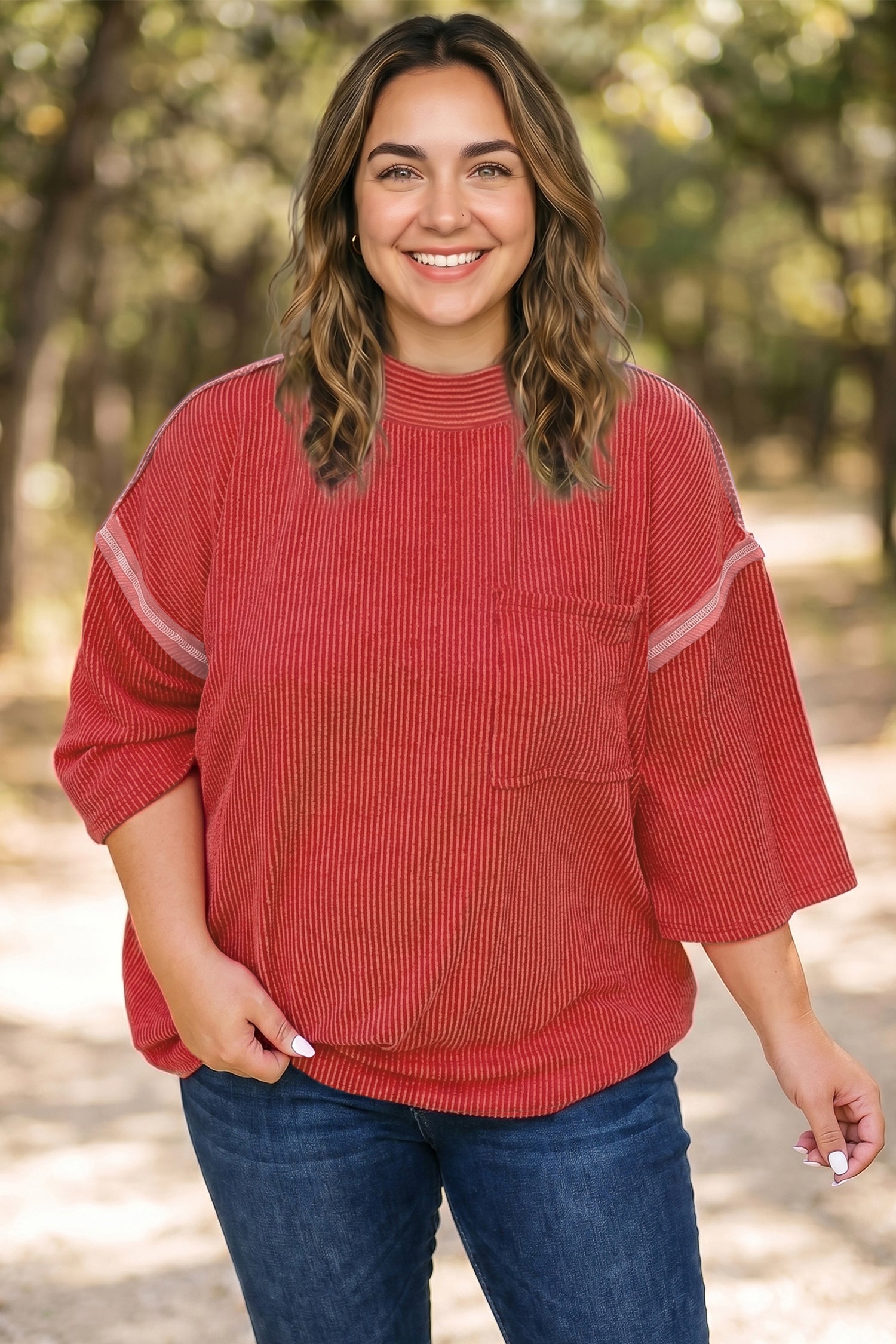 Twist Ribbed Tunic Round Neck Bracelet Sleeve Plus Size Blouse – Fiery Red