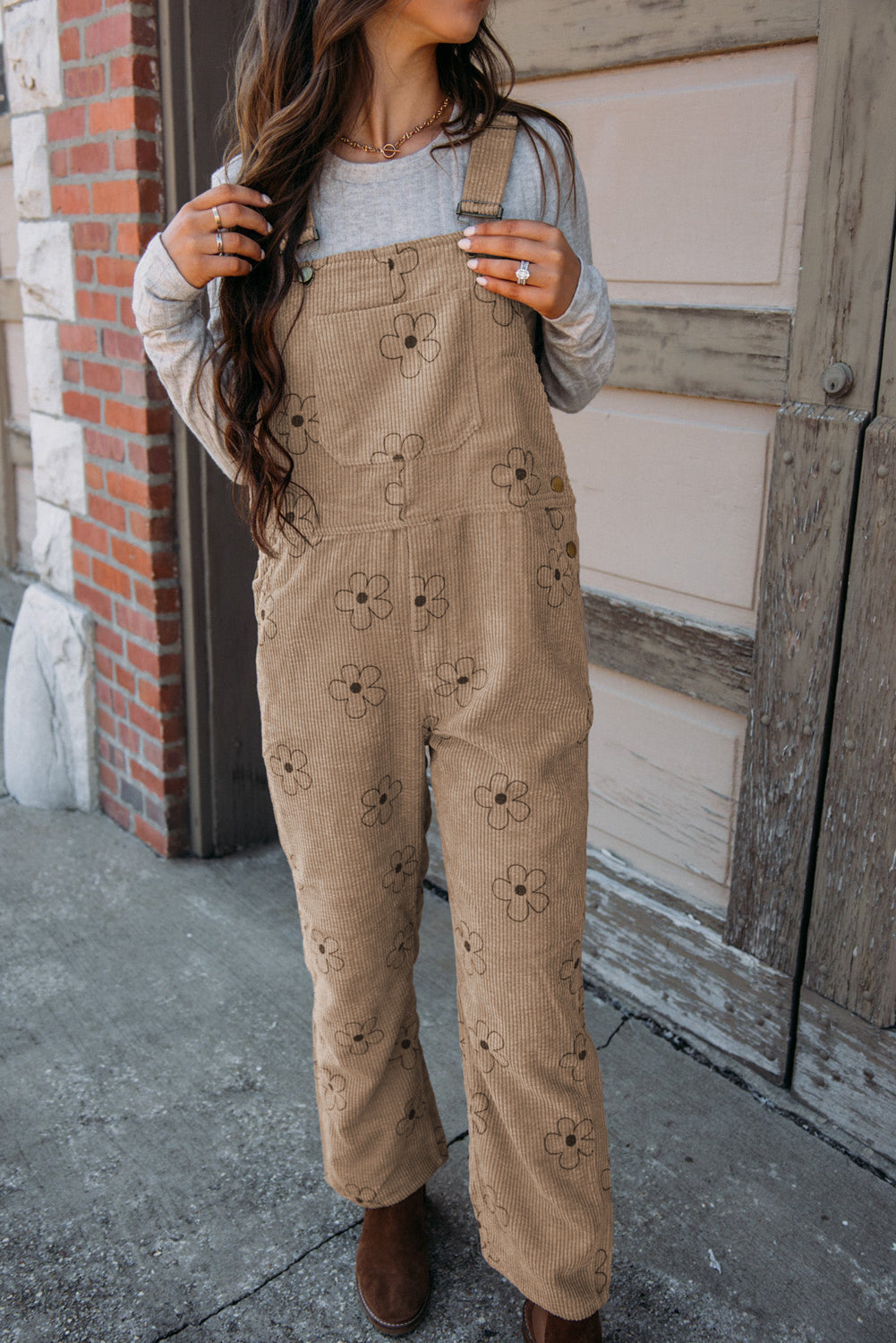 Khaki Flower Print Corduroy Overalls BB Fashion Outlet