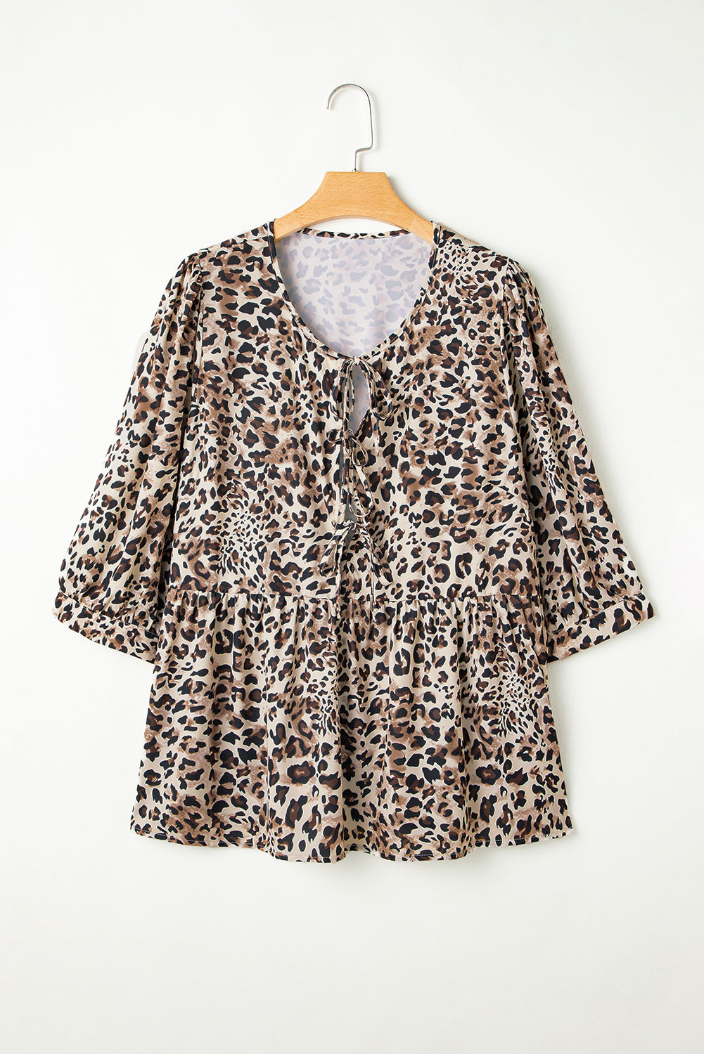 Khaki Leopard Print Lace-up Ruffled 3/4 Sleeve Plus Size Blouse BB Fashion Outlet