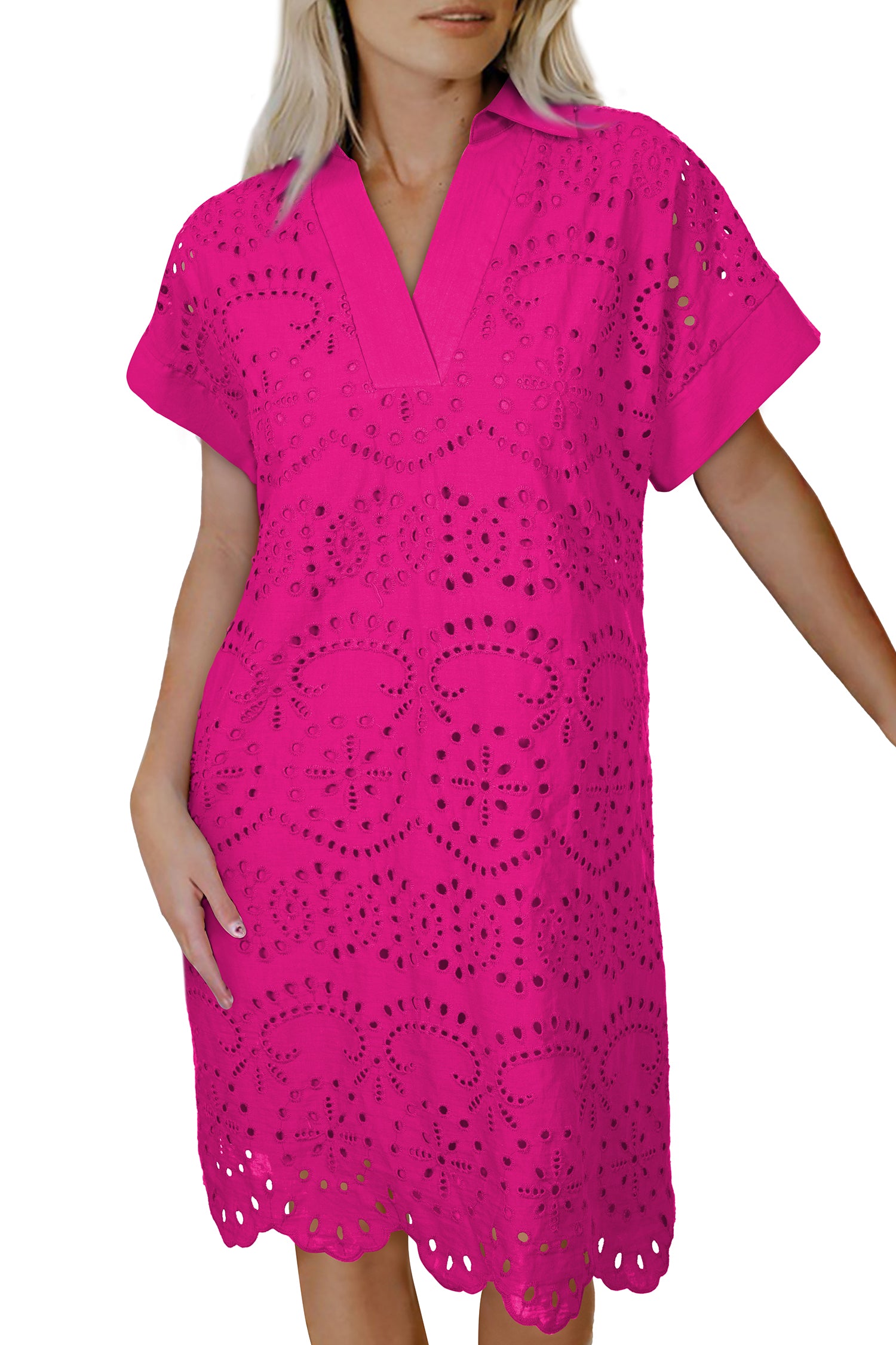 Solid Color Eyelet Embroidered T Shirt Mini Dress – Rose Red