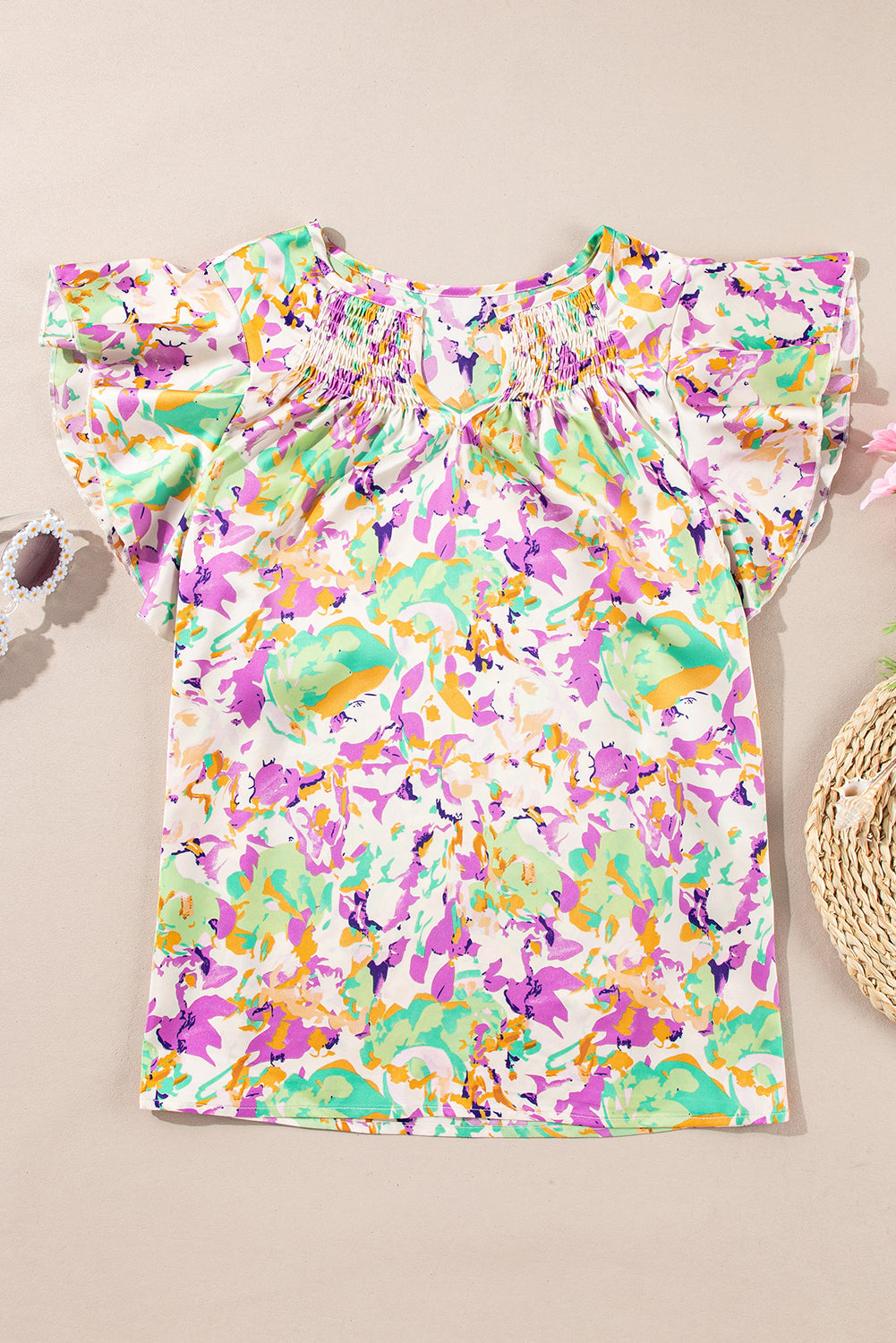 Purple Abstract Printed Ruffled Short Sleeve Notched Neck Blouse eAura