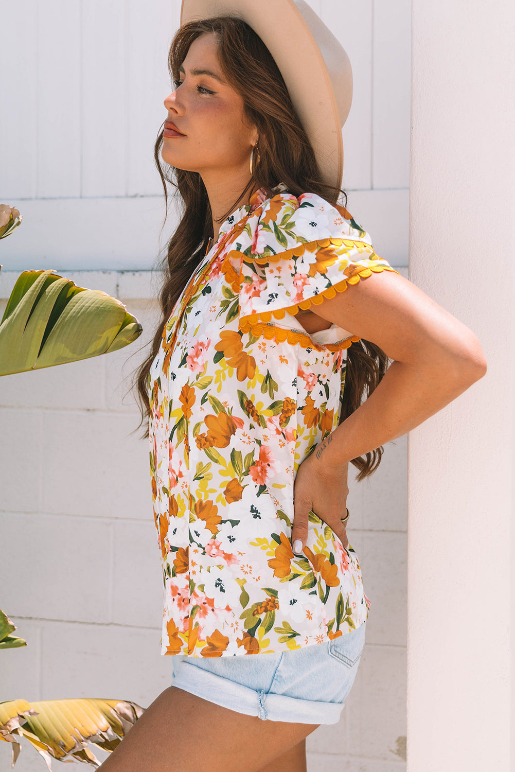 Russet Orange Ruffled V Neck Scalloped Short Sleeve Floral Blouse eAura