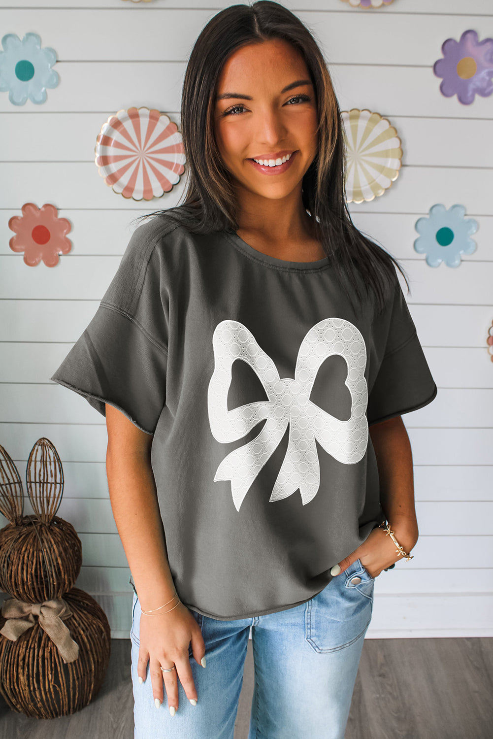 Bow Raw Edge Drop Shoulder Casual T Shirt eAura