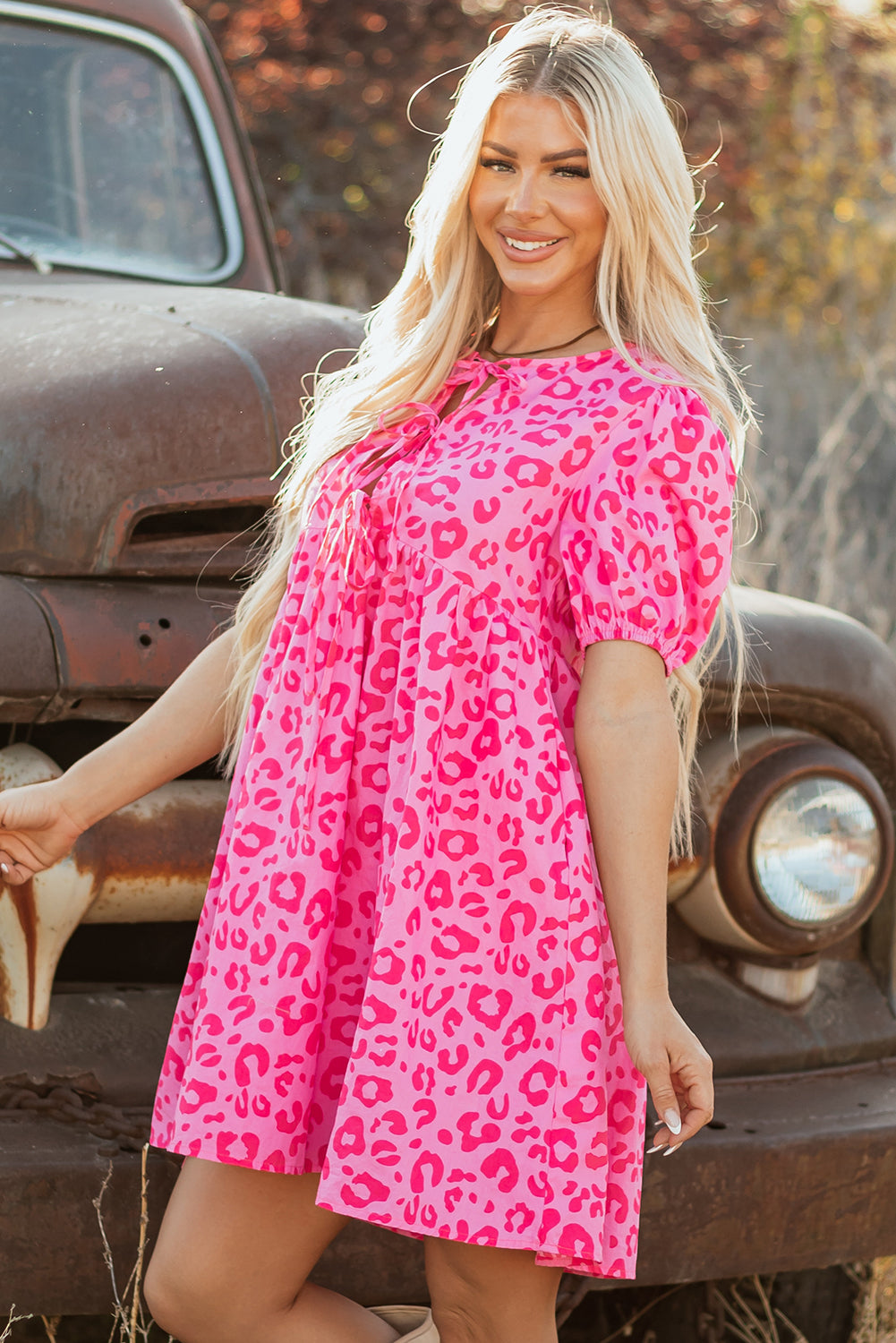 Rose Leopard Puff Sleeve Tie Front High Waist Mini Dress eAura