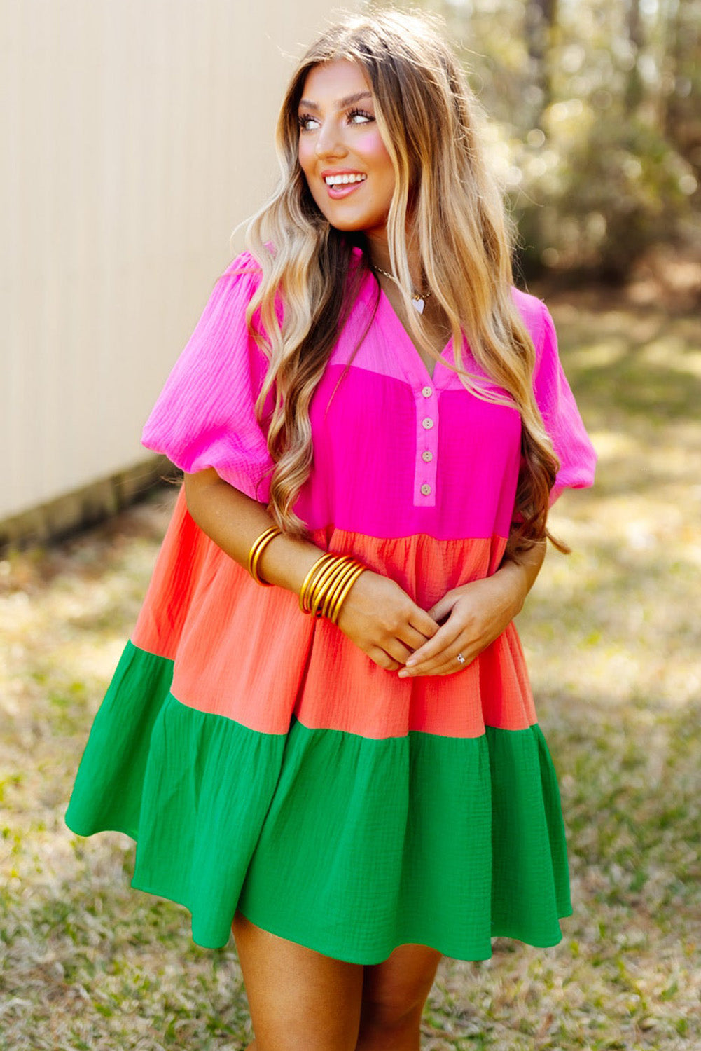 MultiColour Colour Block Tiered Puff Sleeve Dress eAura