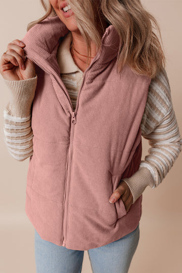 Apricot Pink Corduroy Stand Neck Zipped Puffer Vest – Light Pink