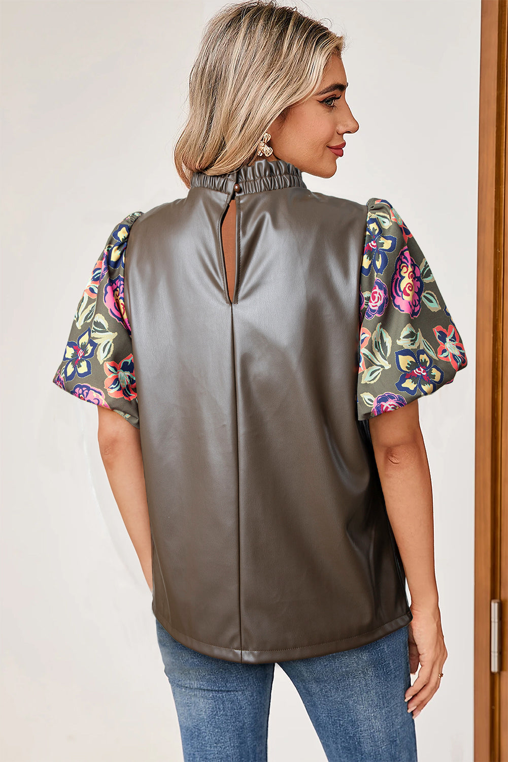 Four Leaf Clover Floral Bubble Sleeve Patchwork Leatherette Frilled Round Neck Blouse eAura