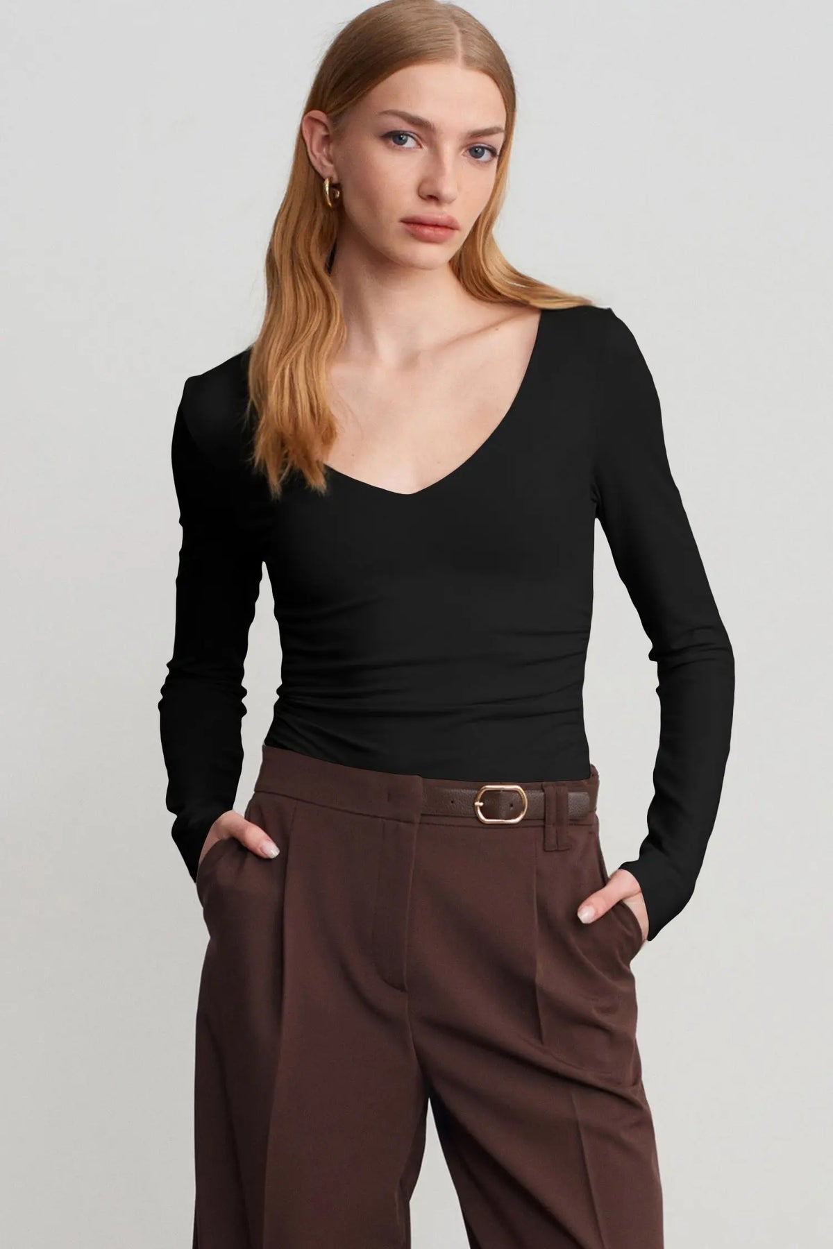 Slim Fit V Neck Long Sleeve Bra Buil-in Top