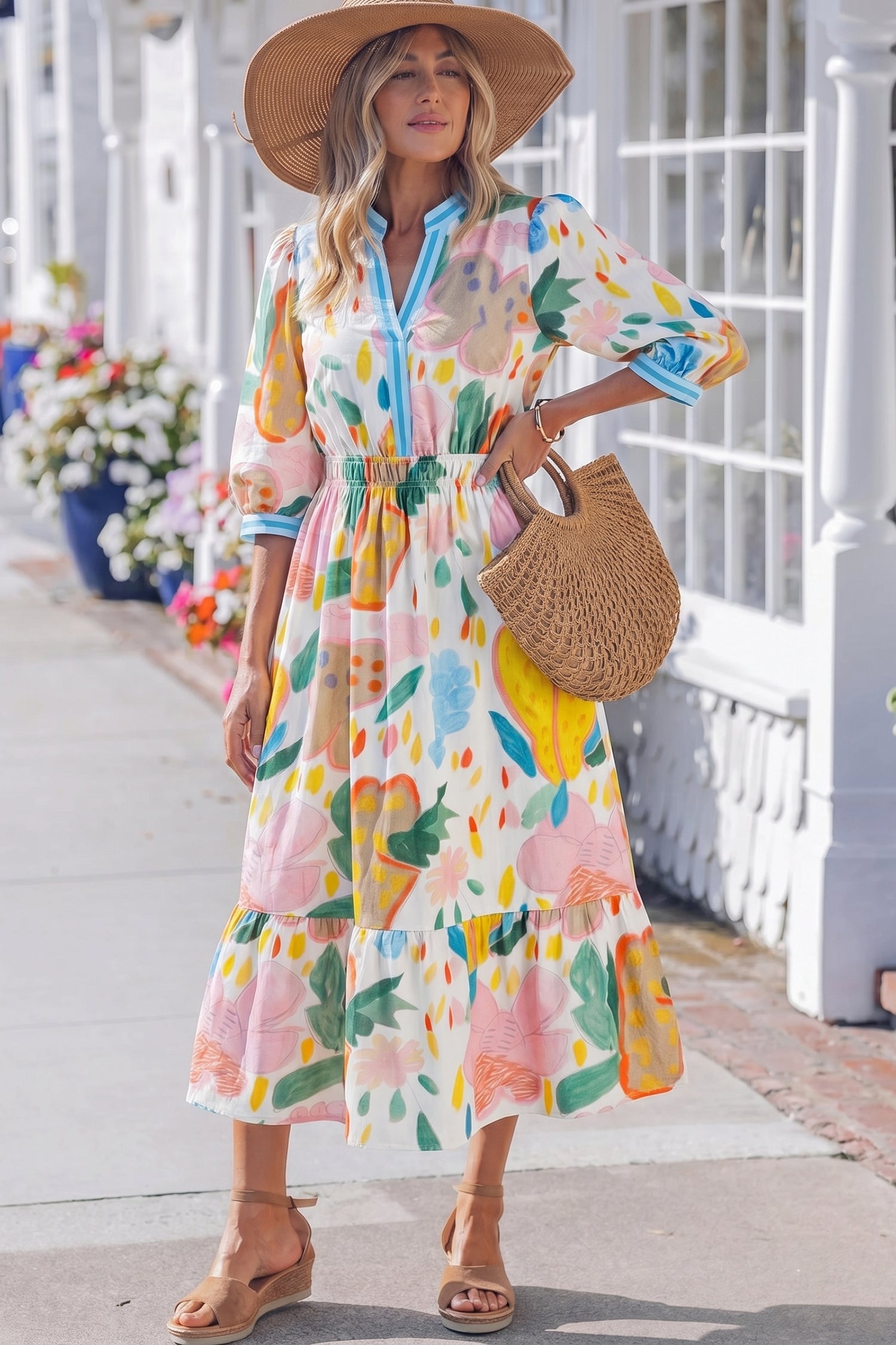 Floral Doodle Print Striped Trim V-Neck Midi Dress