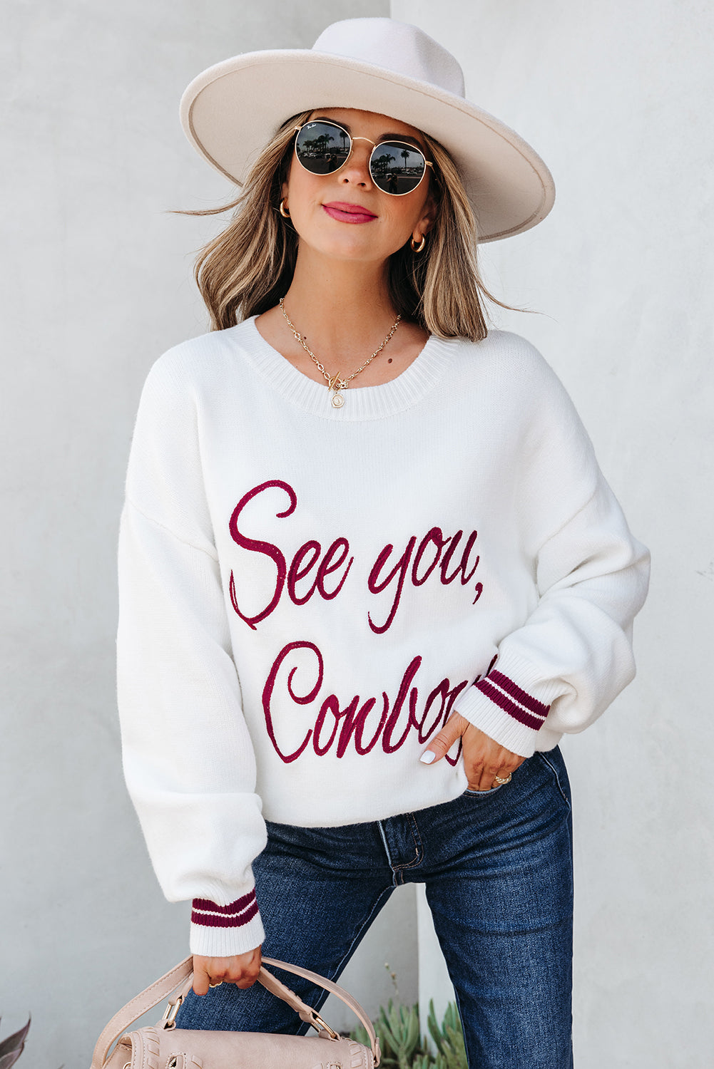 White See You Cowboy Embroidered Western Graphic Sweater eAura