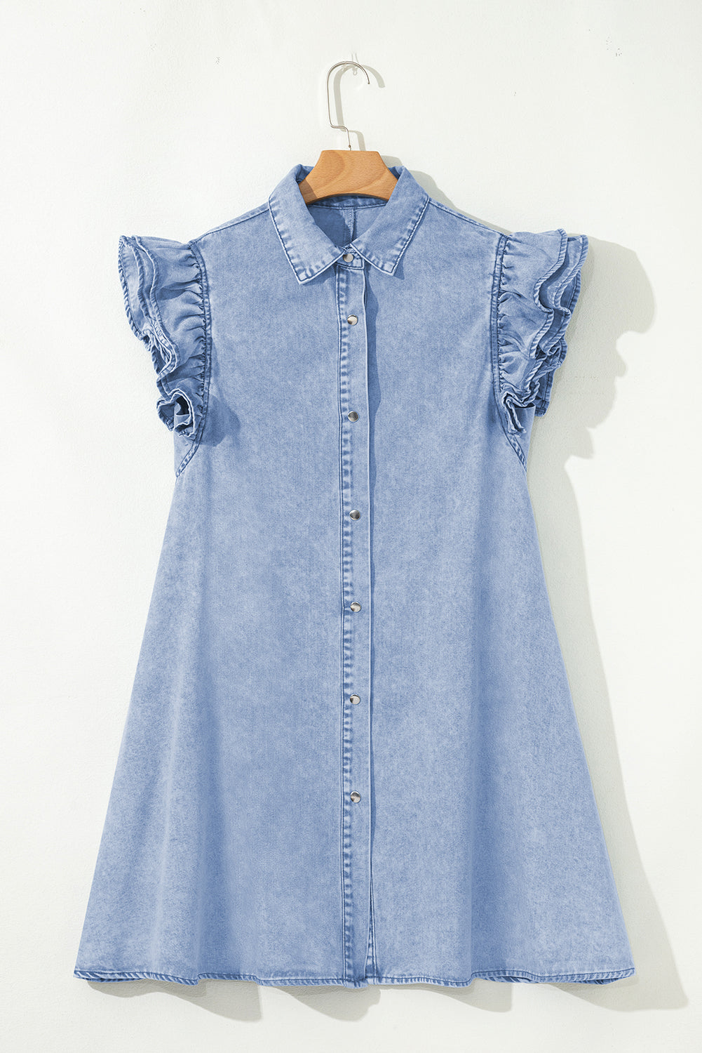 Beau Blue Double Ruffled Sleeves Buttoned A-line Collared Mini Denim Dress eAura