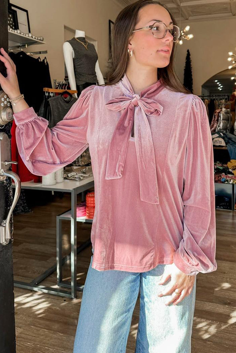 Velvet Ribbon Bow Knot Long Sleeve Blouse - eAura