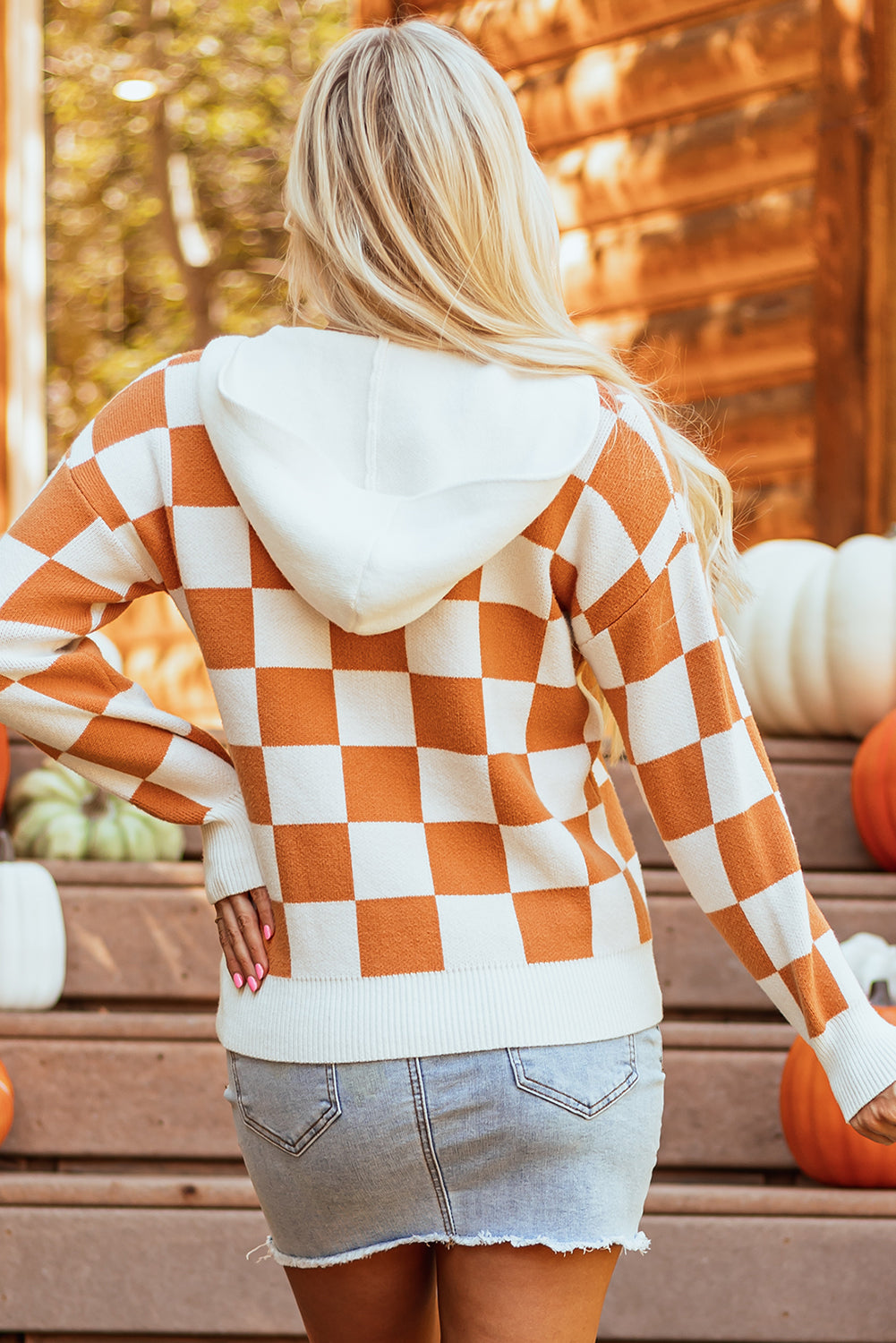 Gold Flame Checkered Split Neck Contrast Kangaroo Pocket Hoodie Sweater eAura