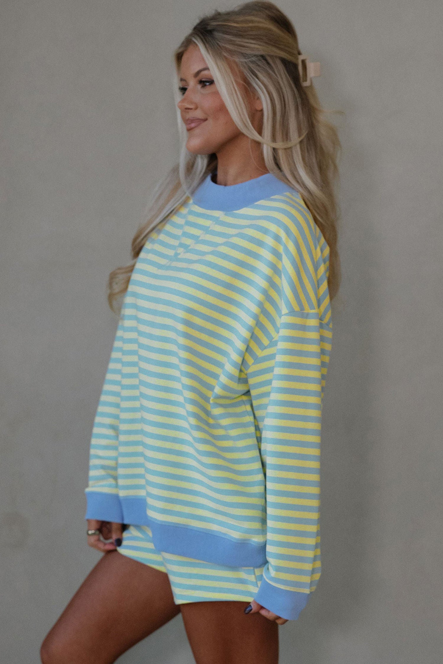 Color Block Detail Long Sleeve Pullover Elastic Waist Pull On Shorts 2pcs Set – Yellow Stripe