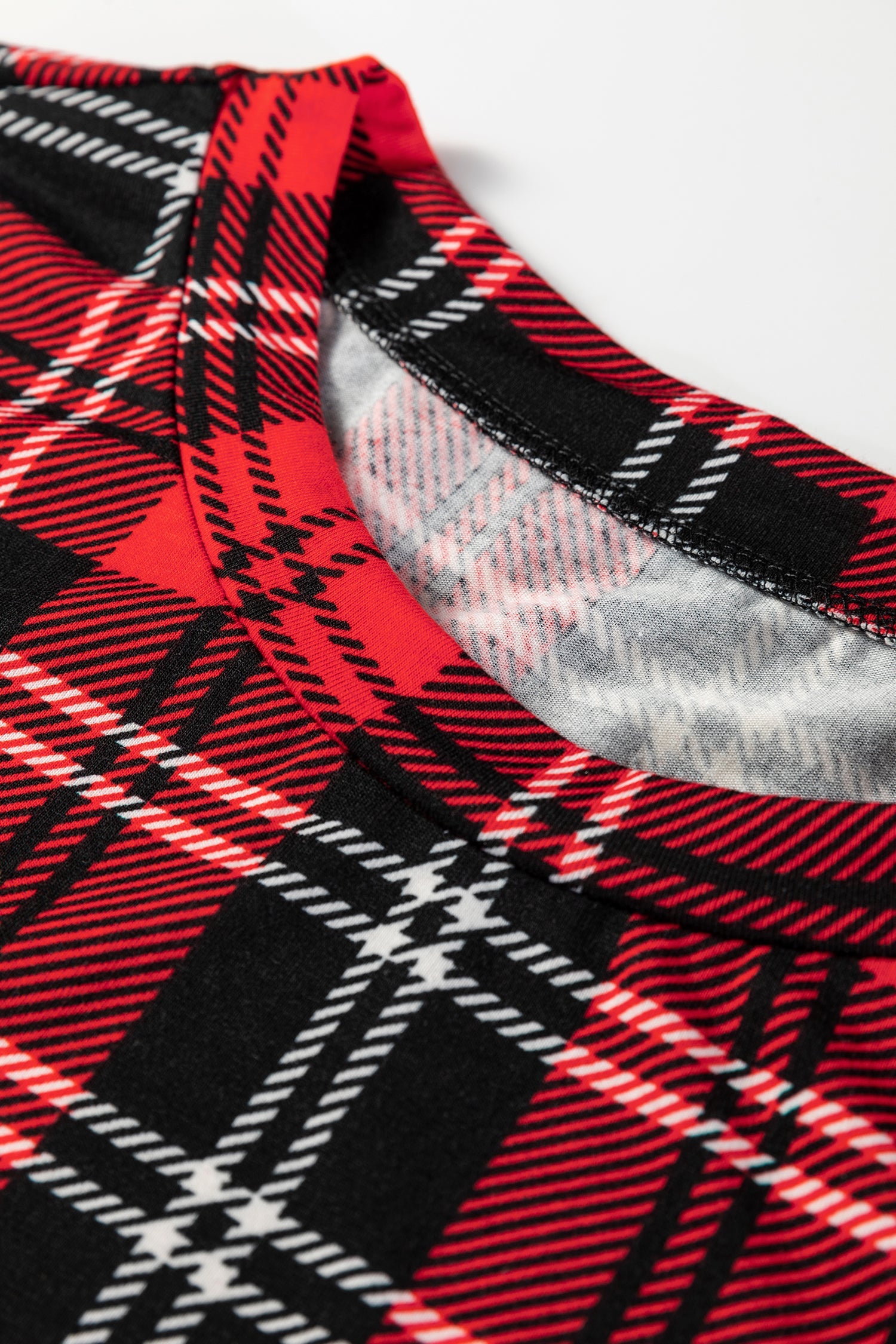 Festive Plaid Print Round Neck Long Sleeve and Bottoms Pyjamas - eAura