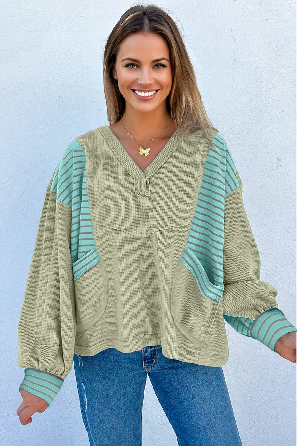 Exposed Seam Waffle Striped Patchwork Baggy Pullover - eAura
