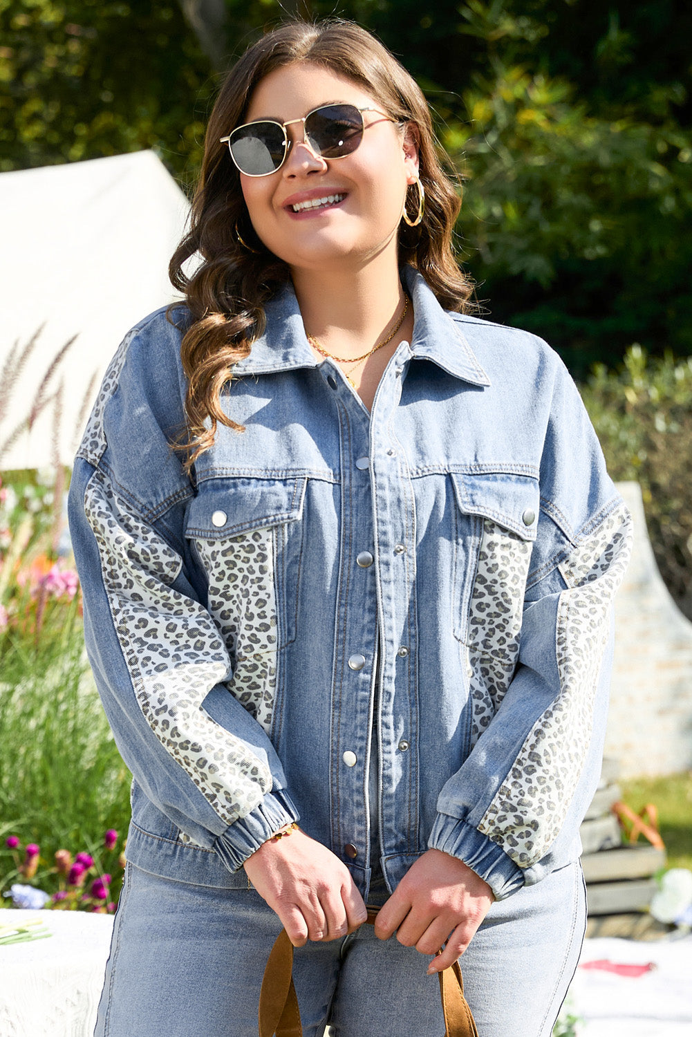 Beau Blue Leopard Patchwork Flap Detail Plus Size Denim Jacket Beagle Boutique Fashion Outlet