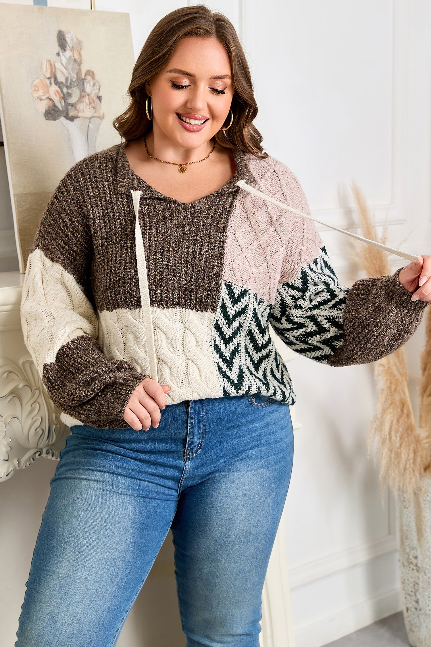 Brown Plus Size Color Block Patchwork Knotted Back Loose Fit Sweater - eAura