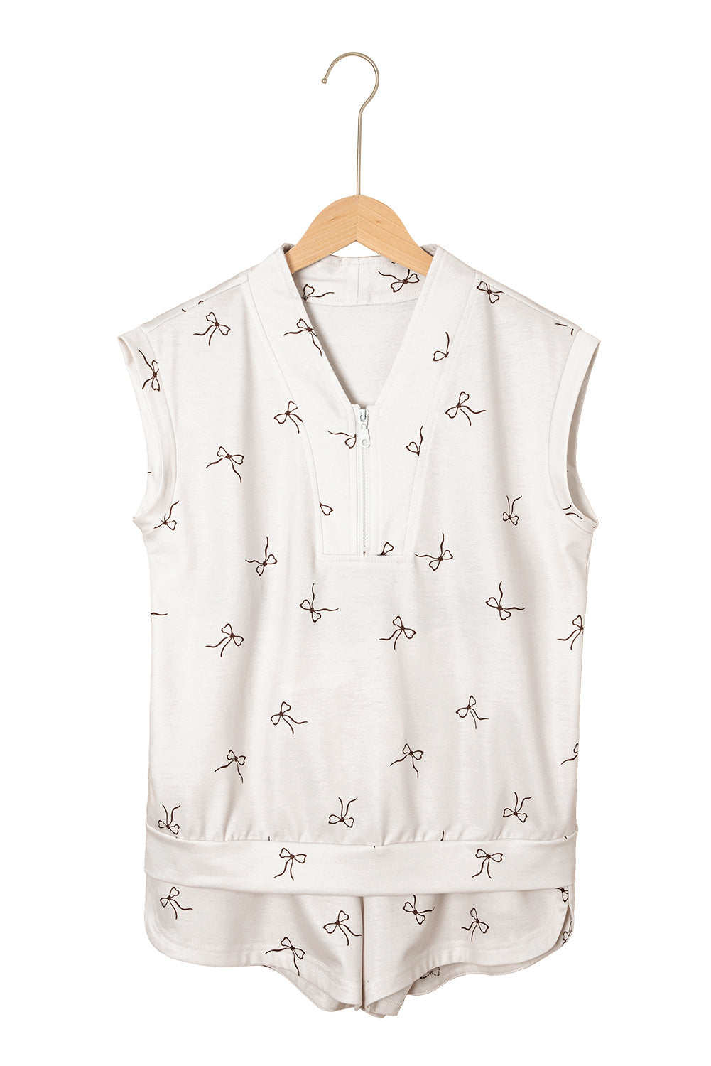 Beige Bow Print Half Zip Tank and Shorts 2pcs Set eAura