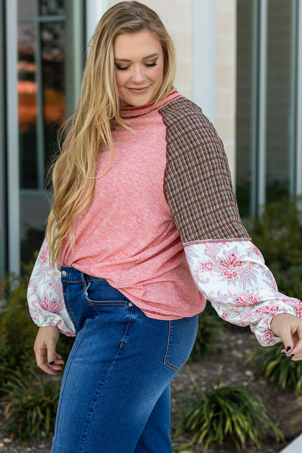 Pink Checkered Paisley Patchwork Raglan Sleeve Seamed Plus Size Top BB Fashion Outlet