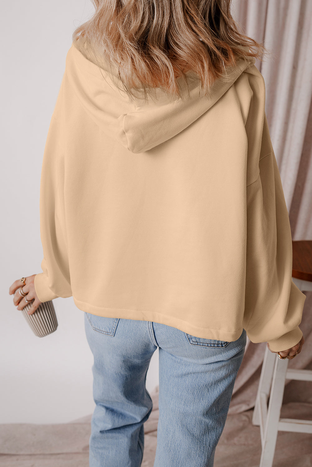 Parchment Fleece Lined Half Zipper Kangaroo Pockets Loose Hoodie eAura