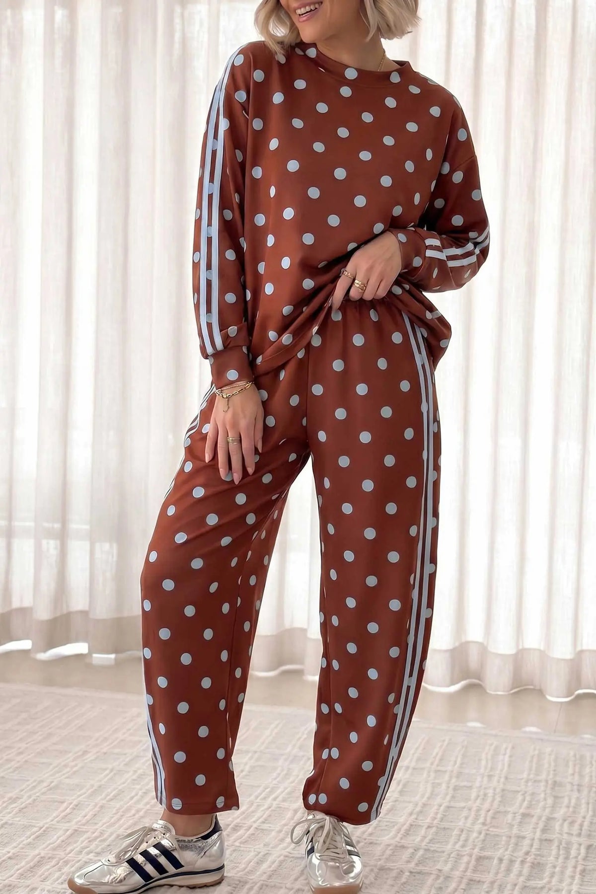 Co-ord Polka Dot Side-Stripe Long Sleeve Top and Trousers Set