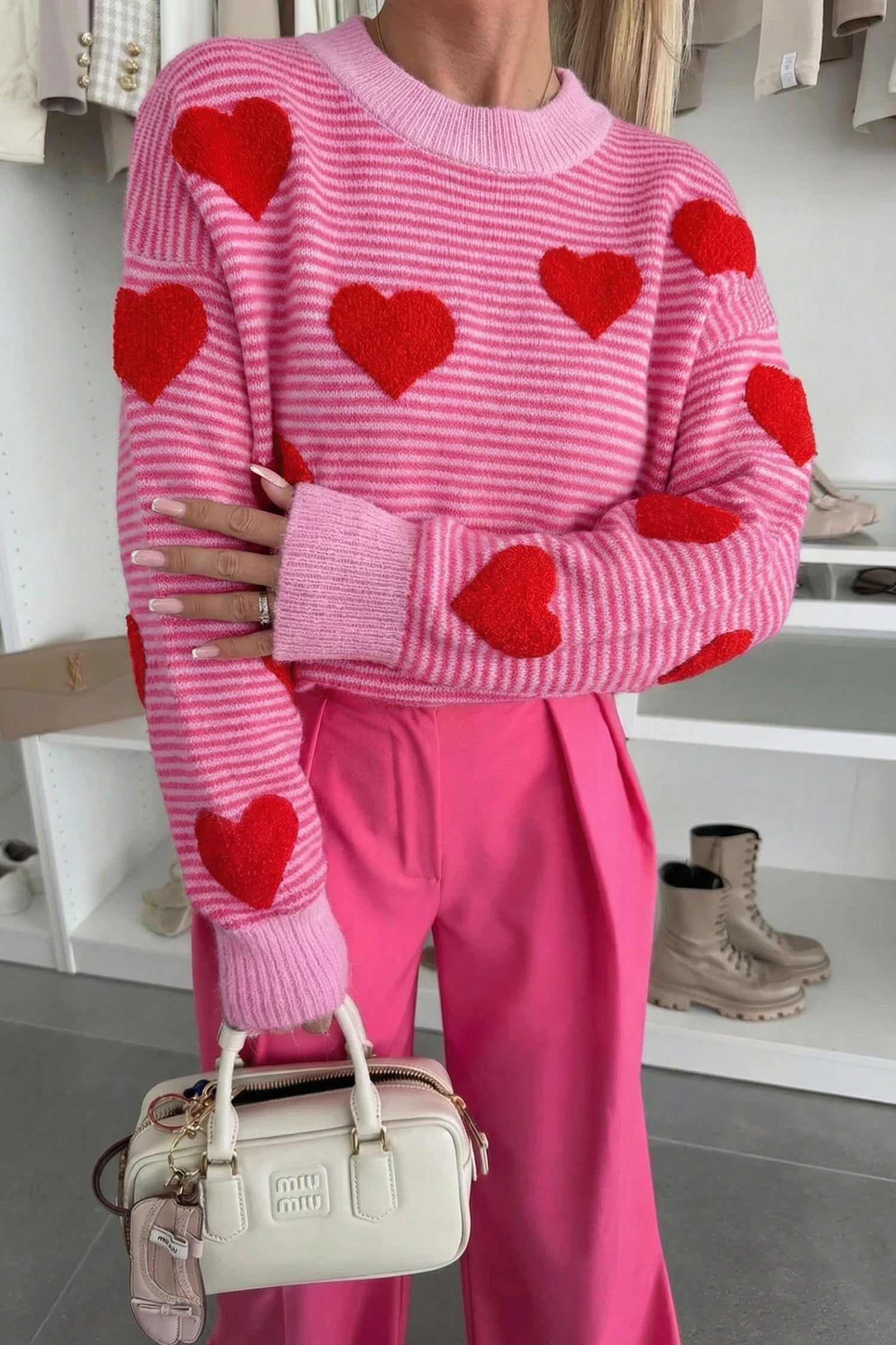 Stripe Contrast Heart Pattern Valentine Knit Sweater - Pink / S - Sweaters & Cardigans/Sweaters