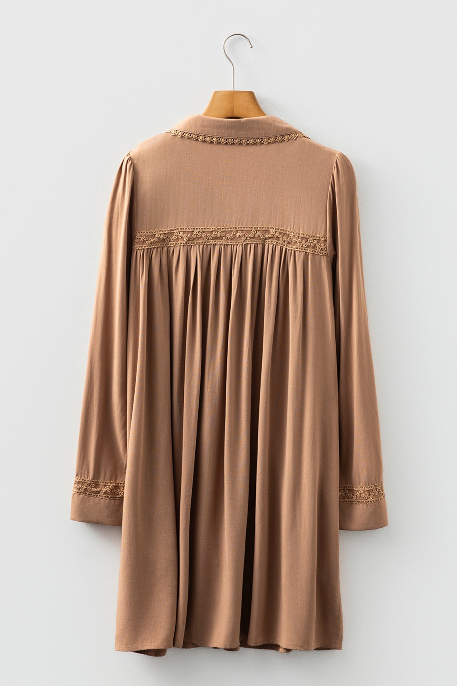 Lace Trim Peter Pan Collar Long Sleeve Mini Shirt Dress - eAura