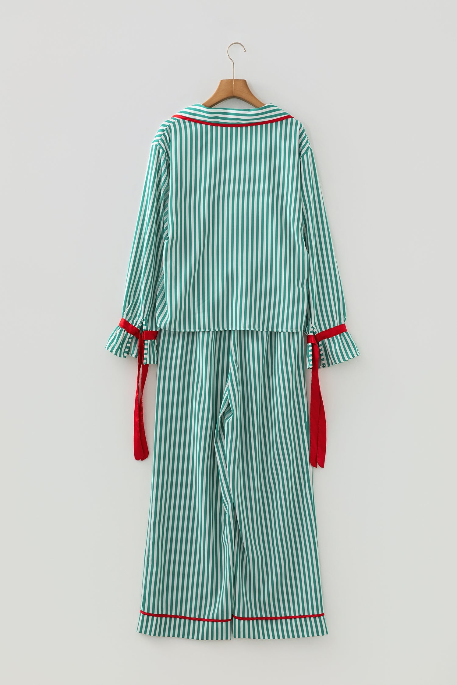 Striped Contrast Velvet Trim Bow Knot Waist Pyjama Set - Loungewear & Sleepwear/Sleepwear