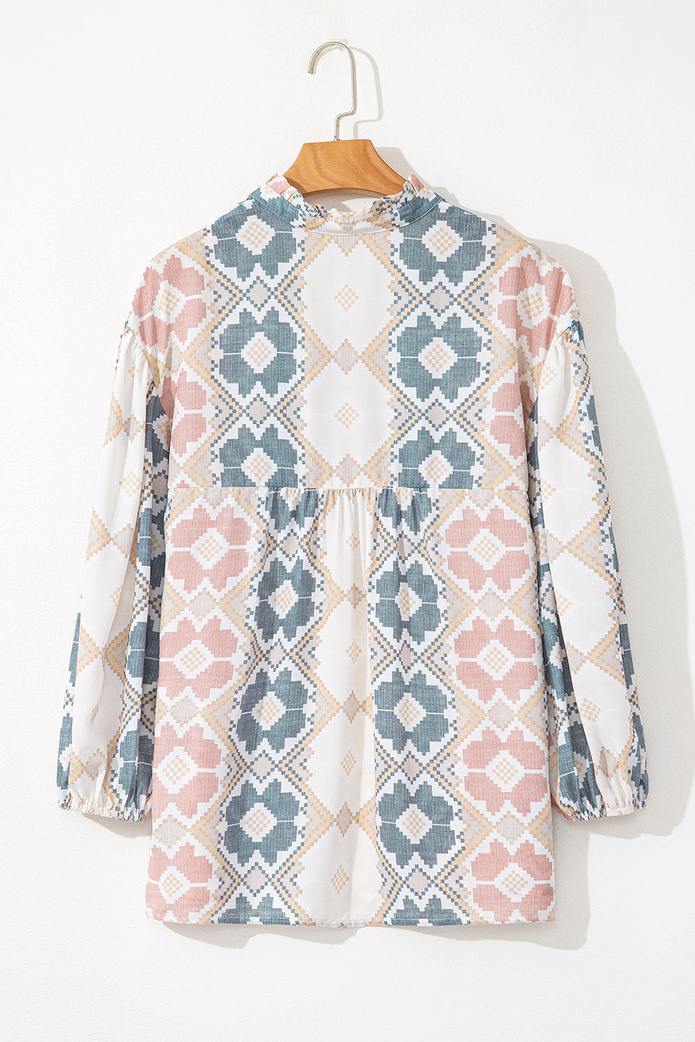 Khaki Geometric Print Tassel Tie Split Neck Balloon Sleeve Blouse eAura
