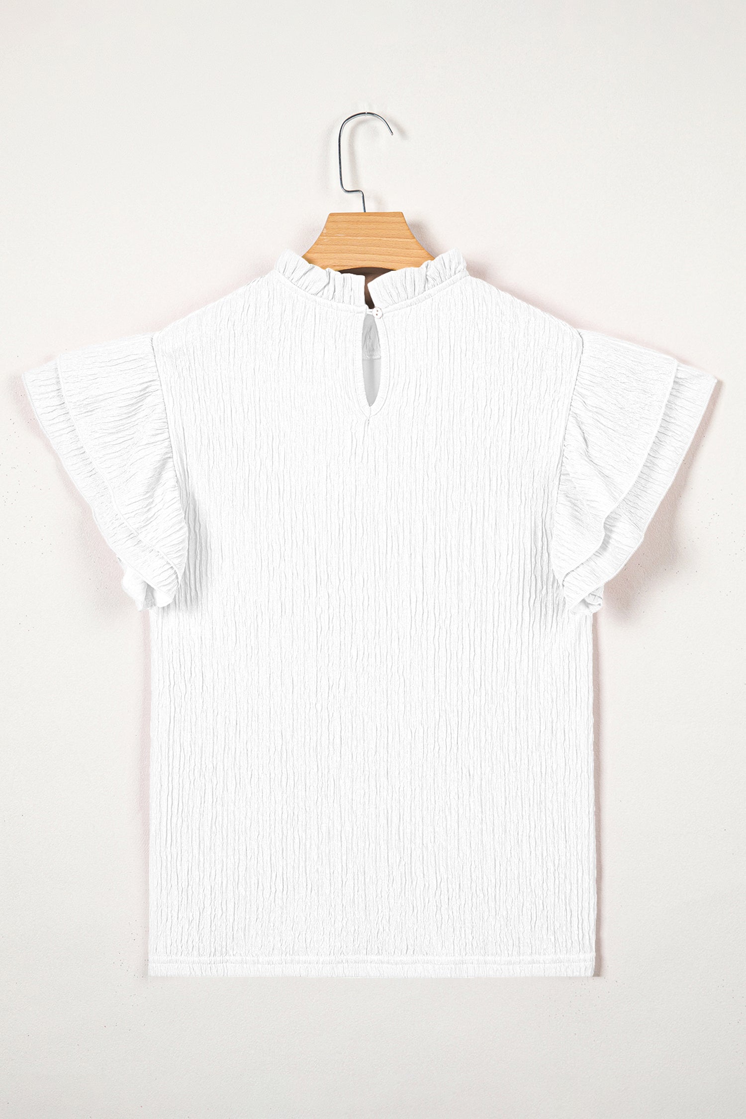 Solid Color Textured Ruffle Trim Short Sleeve Blouse – White