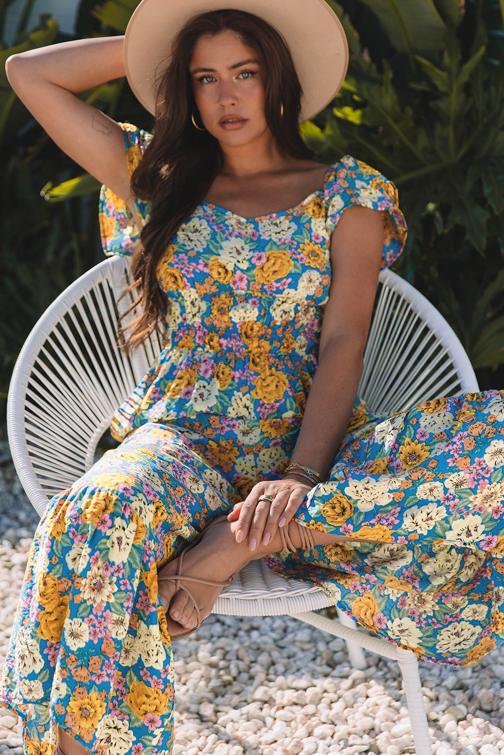 Yellow Floral Allover Print Shirred Cut Out High Waist Jumpsuit eAura