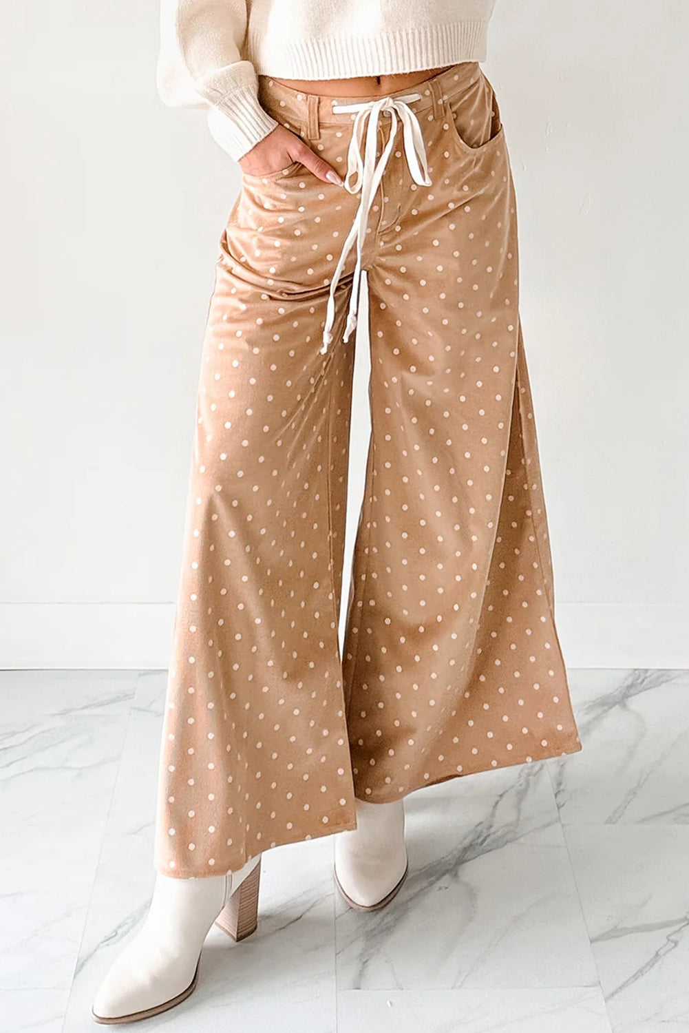 Khaki Polka Dot Print Drawstring Wide Leg Pants - Bottoms/Pants & Culotte