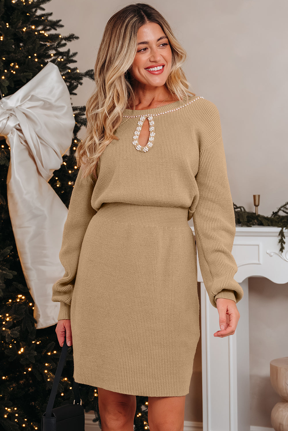 Pearl Embellished Keyhole Ribbed Sweater Dress - eAura