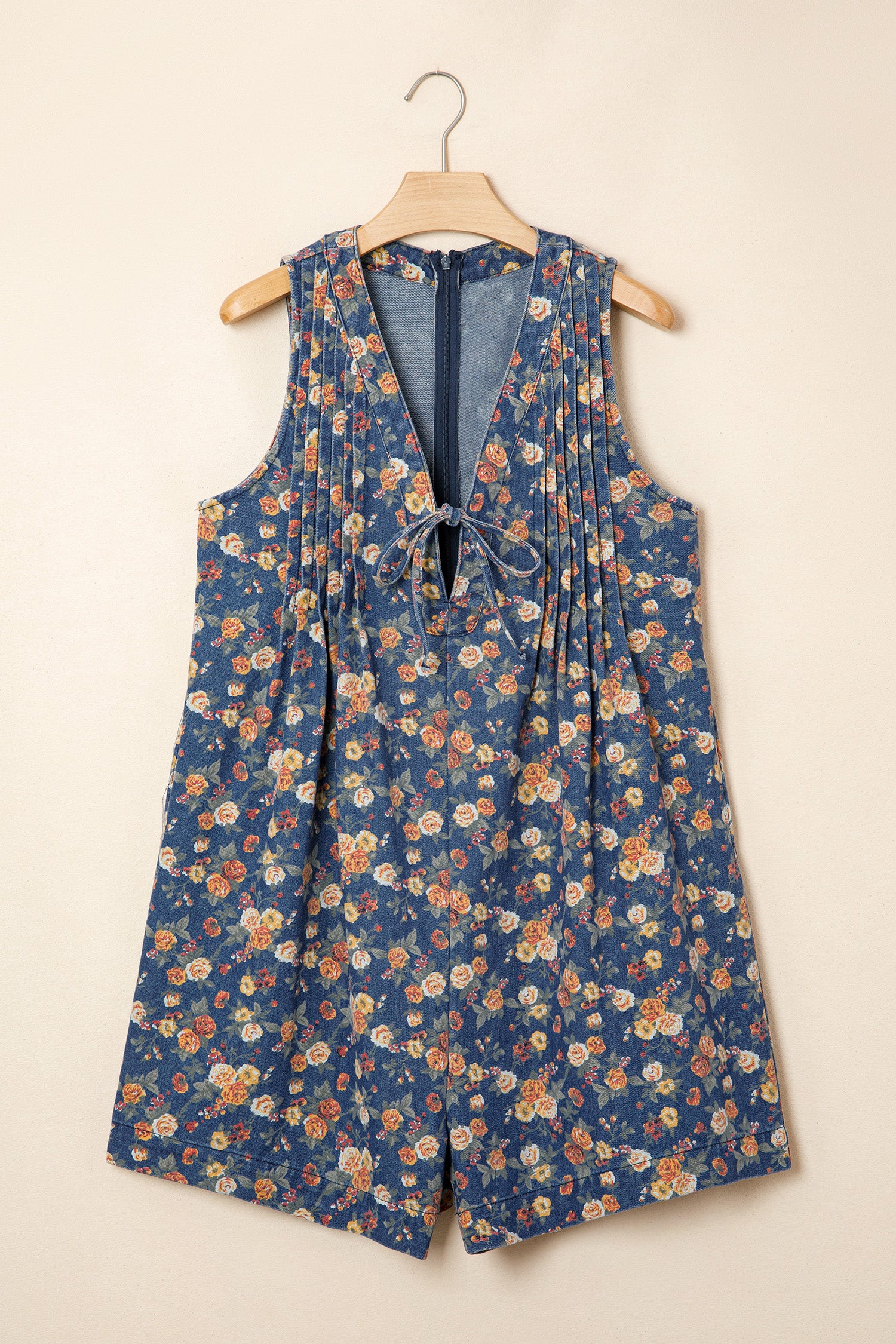 Retro Floral Print Bow Tie V Neck Sleeveless Pleated Loose Denim Romper – Blue