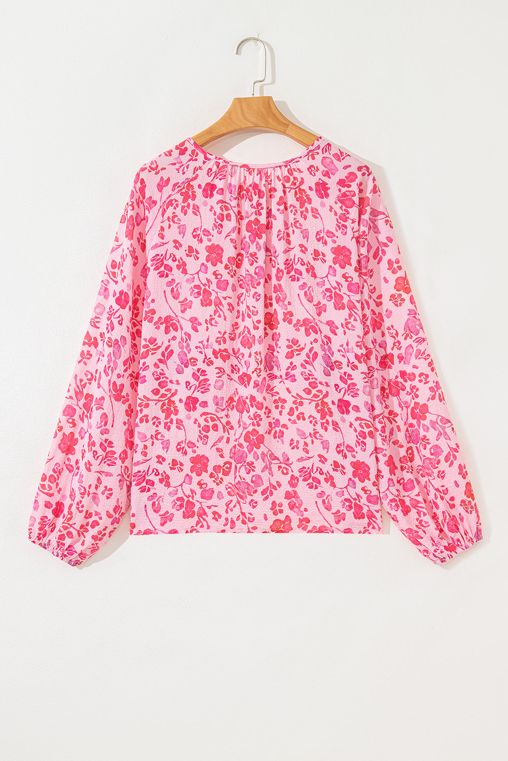 Pink Floral Puff Sleeve Split Neck Lightweight Blouse - eAura
