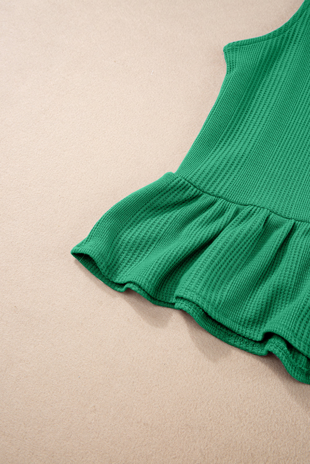 Green Solid Colour Ribbed Ruffle Tank Top and Trousers Set eAura