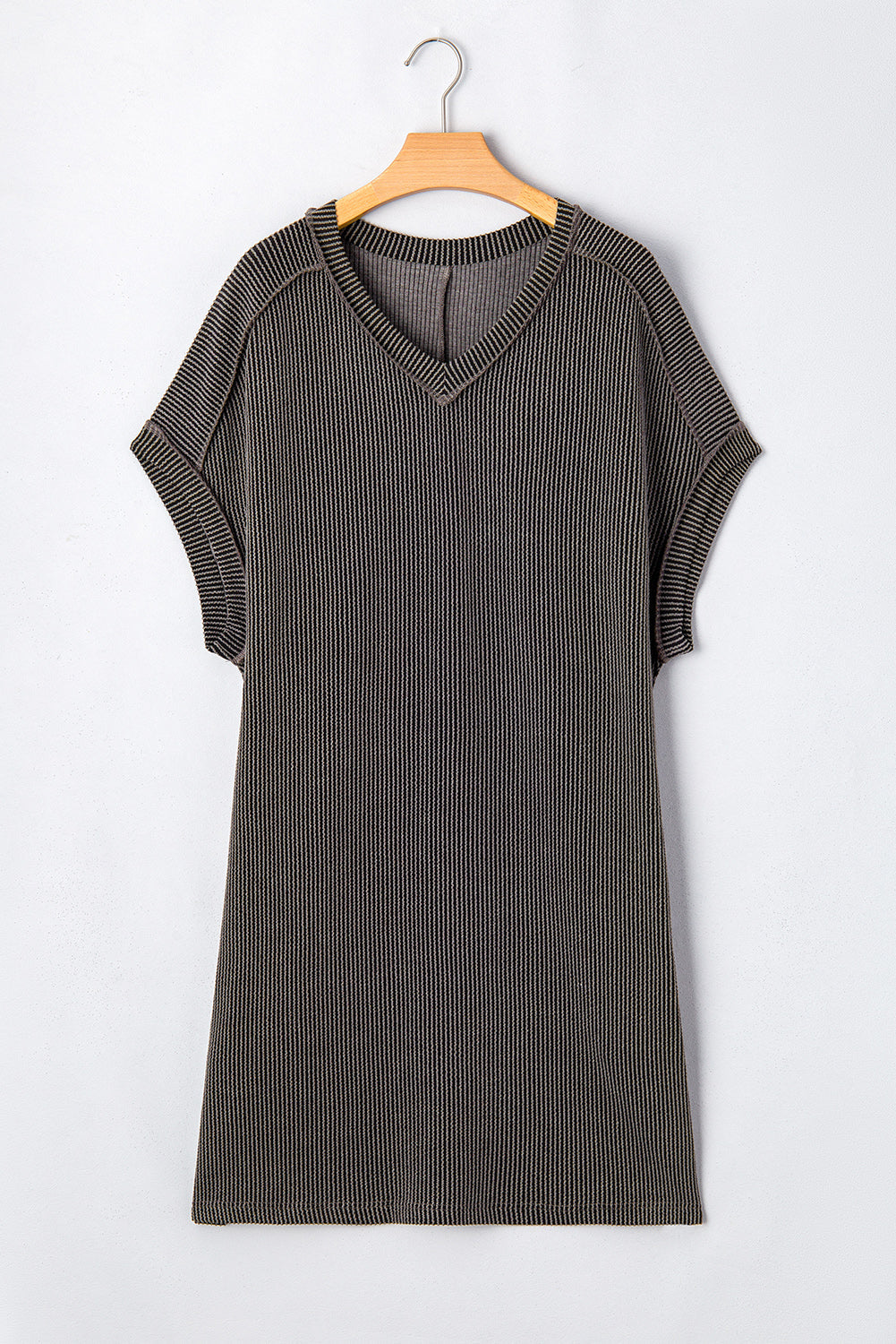 Carbon Grey Ribbed V Neck Plus Size T Shirt Dress with Pockets BB Fashion Outlet