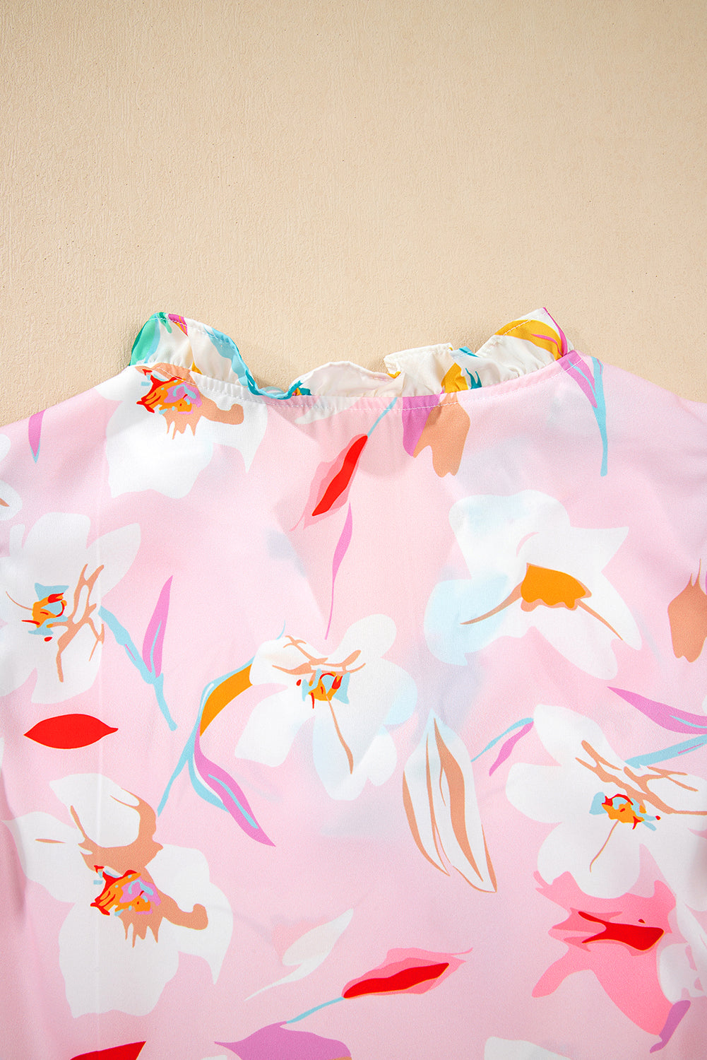 Multicolour Contrast Floral Patchwork Notched Neck Flutter Sleeve Blouse eAura