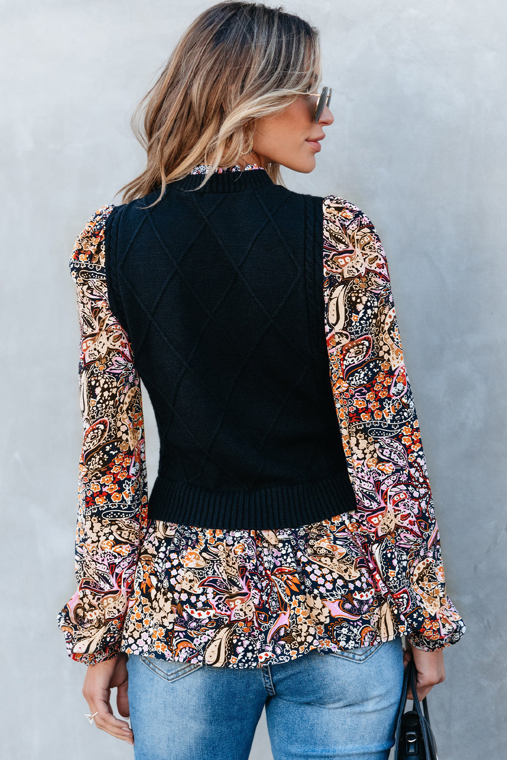 Black Contrast Floral Sleeve Peplum Sweater eAura