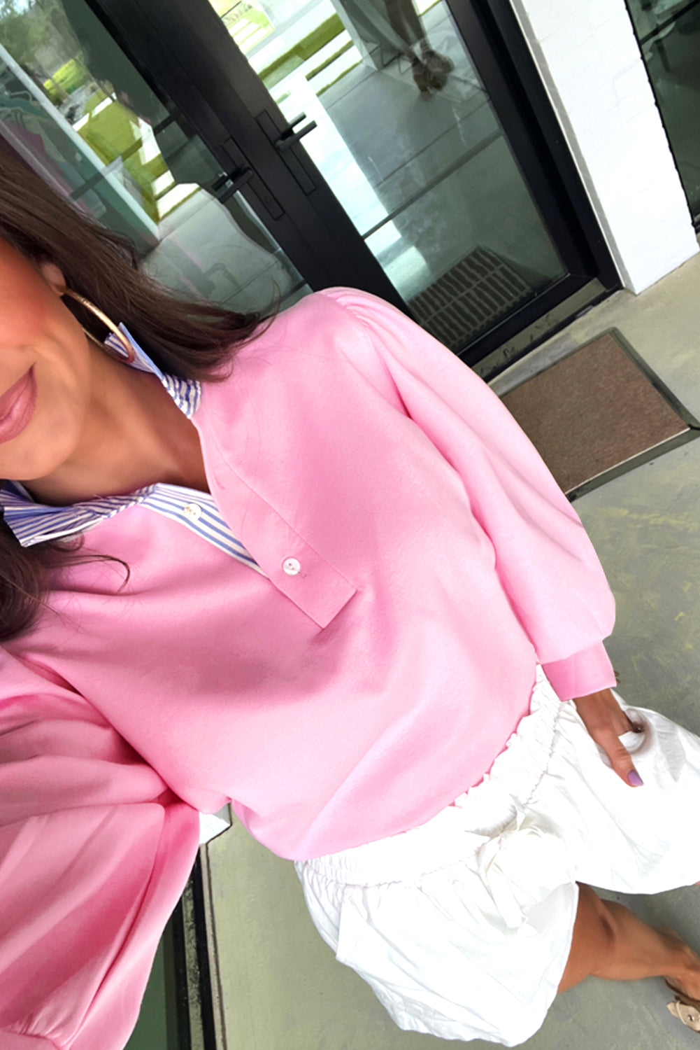 Button Striped Collar Patchwork Puff Sleeve Sweatshirt - eAura